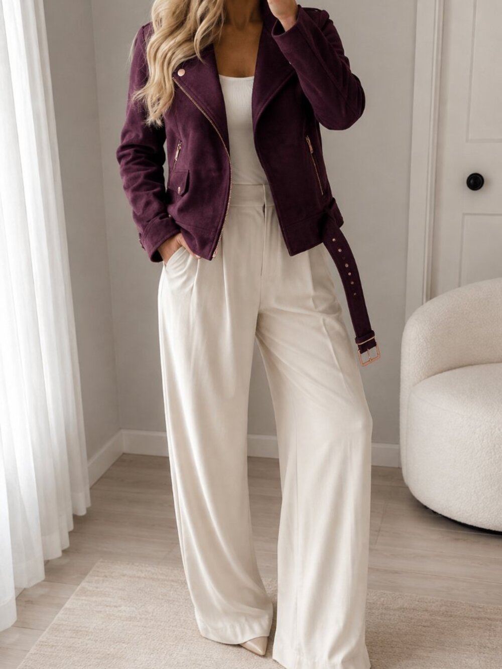 LC Lauren Conrad Runway womens plum/burgundy crop suede moto jacket 10